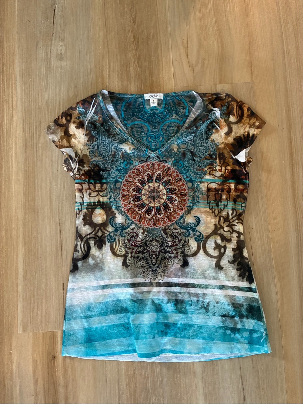 Cache Blue & Brown Medallion V-Neck Tee